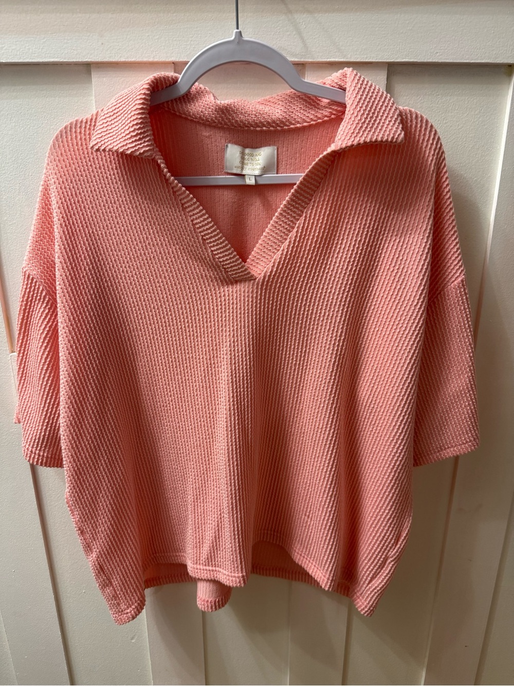 Simply Southern Coral Pink Collared V-Neck Knit Top